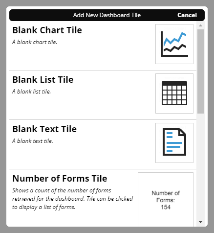 The Add New Dashboard Tile window with several chart templates shown
