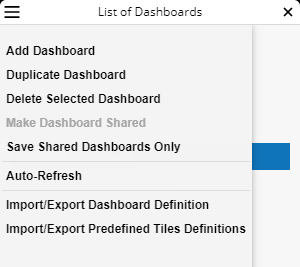 The List of Dashboards menu