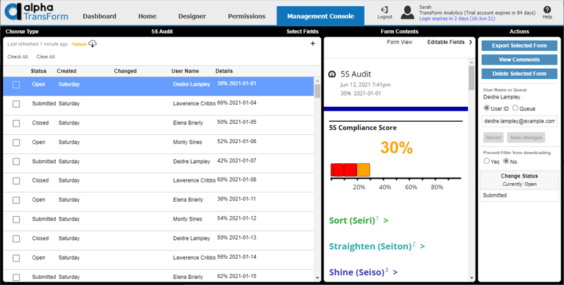 The Estel Tech Transform Management Console showing the new Form View display for forms