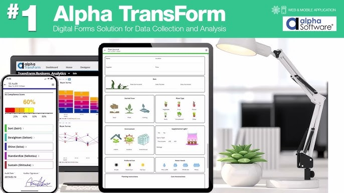 Estel Tech Transform interface displayed on smartphone and tablet, showing analytics dashboards, data visualizations, and digital forms on an office desk.