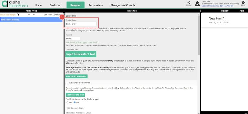 Estel Tech Transform designer screen showing properties panel with a new form named 'New Form1' under Basic Info.