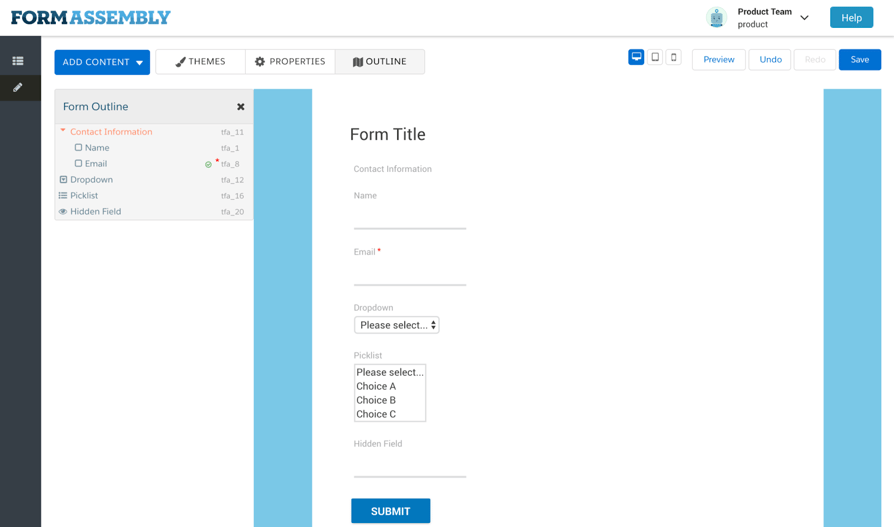 FormAssembly's form builder interface displaying a technical form editing environment.