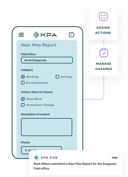 KPA platform ad showing a mobile Near Miss Report form for mining safety, with quick action and hazard management features
