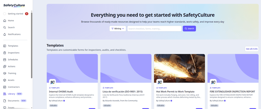 SafetyCulture interface showing template cards for mining inspections and audits, with a navigation sidebar
