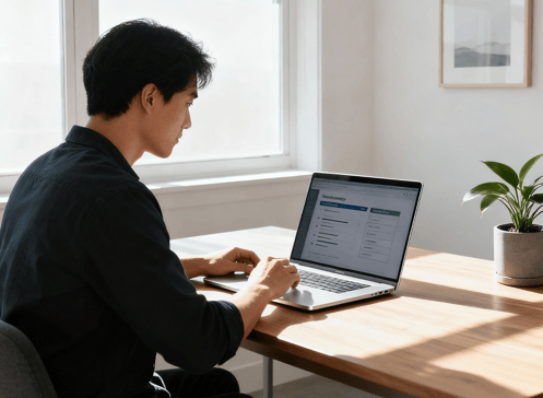 Individual reviewing online survey results on a desktop computer in a modern workspace.