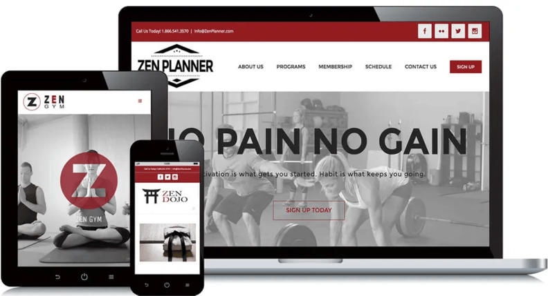 Zen Planner fitness software displayed on a laptop, tablet, and smartphone showing gym and dojo websites with branding and signup options.