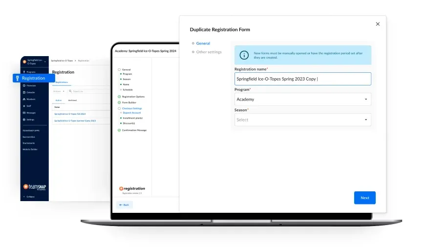 TeamSnap registration dashboard displayed on a laptop, showing a duplicate registration form setup with fields for registration name, program, and season.