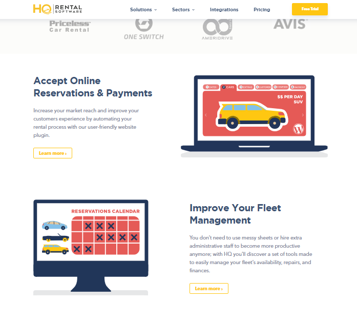 HQ Rental Software promotional page highlighting features.
