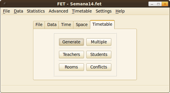 FET timetable software interface showing the Timetable tab with options to generate schedules, manage teachers, students, rooms, and conflicts.