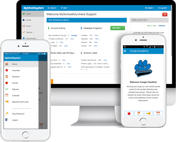 Screenshot showing MySchoolAnywhere software interface on desktop and mobile devices, displaying features like account activity, email stats, directory stats, and a mobile parent portal for Conejo Academy.