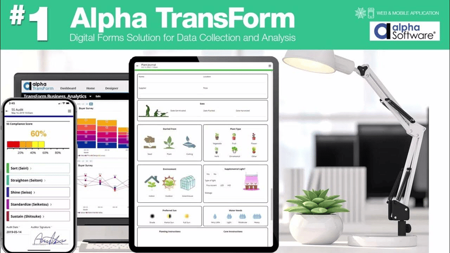 Estel Tech Transform promotional graphic showing its digital forms solution for data collection and analysis on a smartphone, tablet, and laptop screen with the Estel Tech logo.