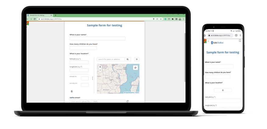KoBoToolbox on laptop and smartphone displaying the same sample online forms.