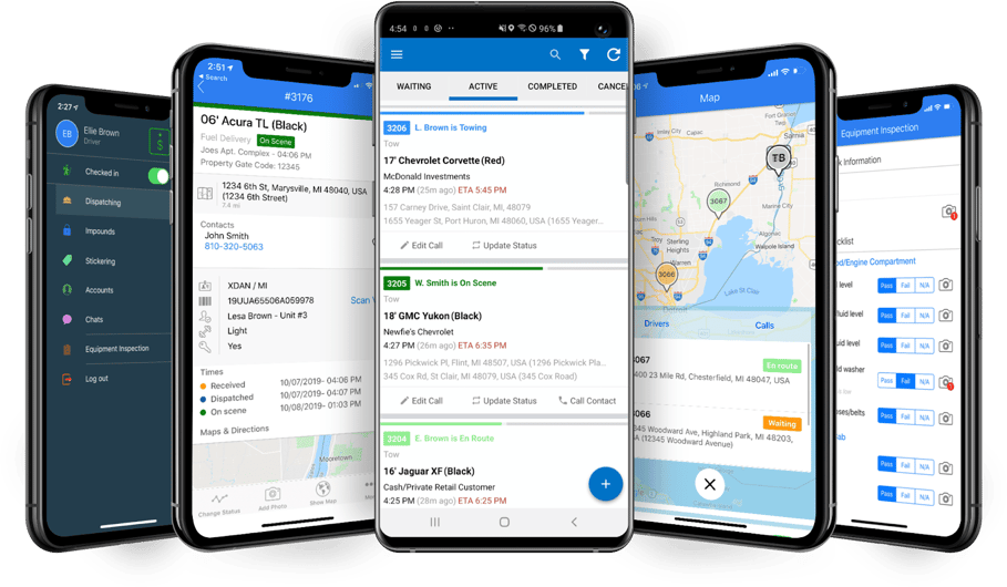 Multiple smartphone screens displaying Towbook assistance management app.