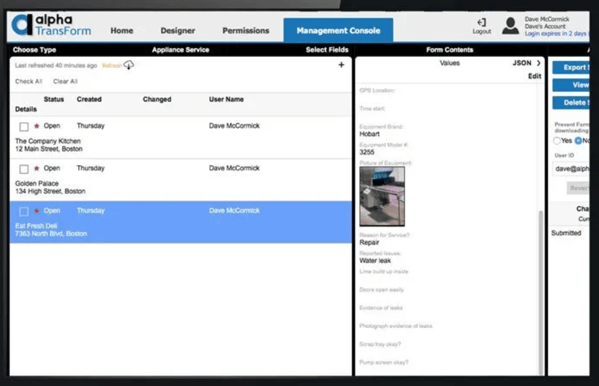 Screenshot of Estel Tech Transform management console displaying a list of open service reports with details such as location, user name, equipment information, reported issues, and photos, illustrating digital management of dispatch tasks.