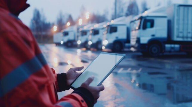 Fleet manager reviewing vehicle data on tablet with trucks in the background.