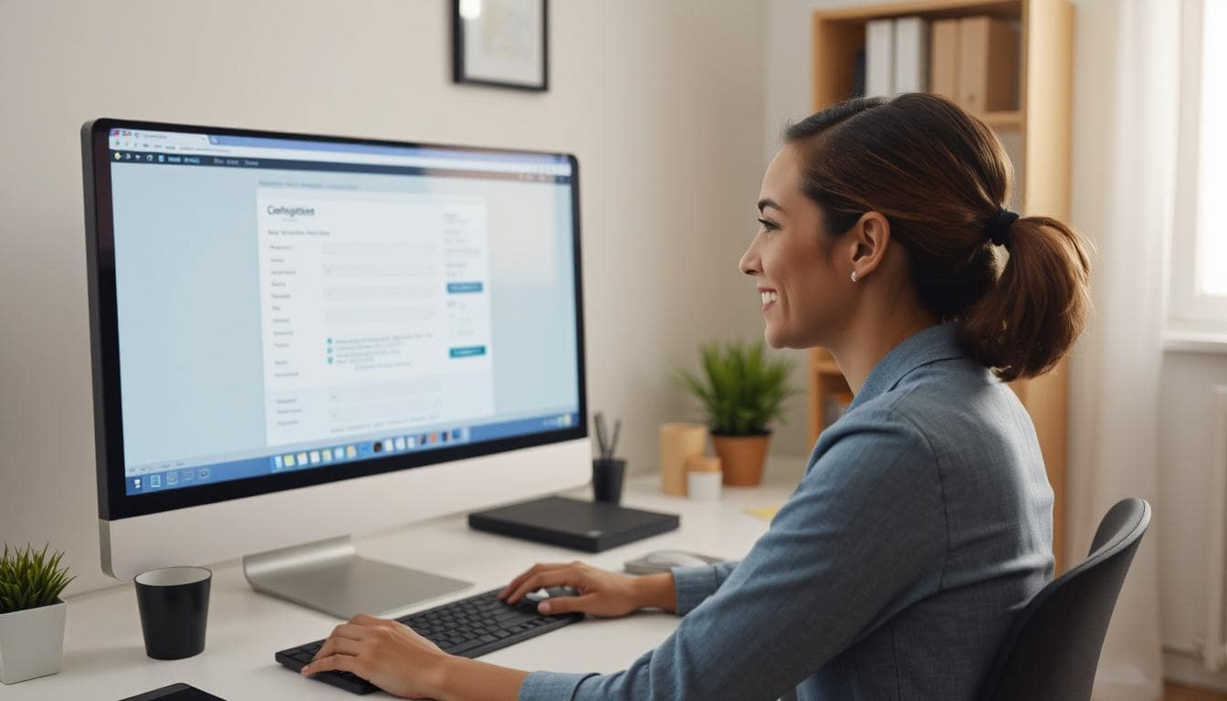 Smiling woman working at a desktop computer building forms in a home office setting